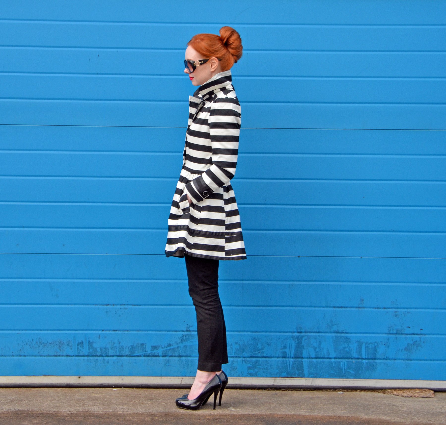 black and white stripe trench coat outfit