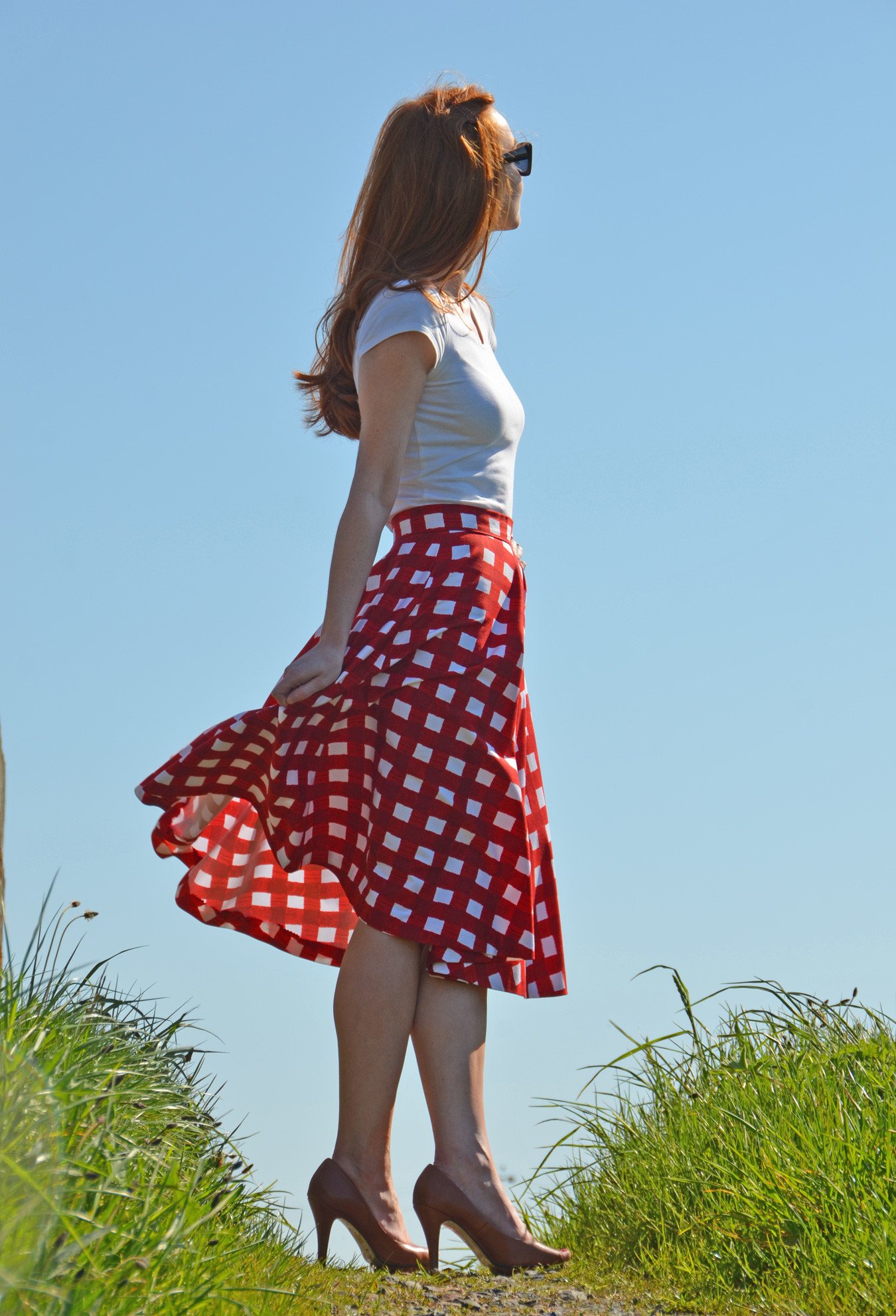 red gingham print circle skirt