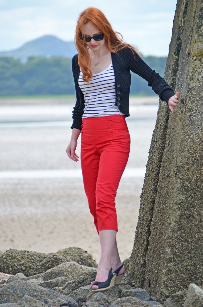 red capri pants and striped top