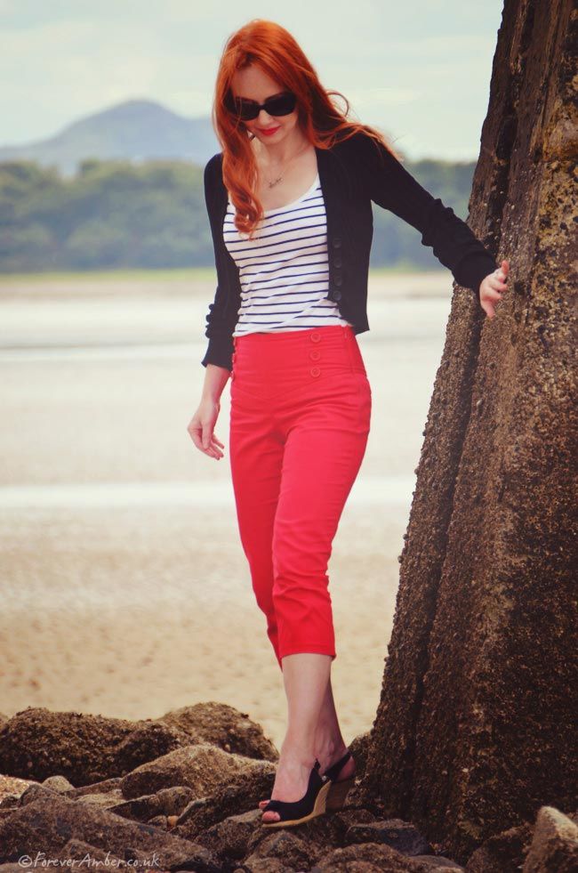 red capri pants and striped top