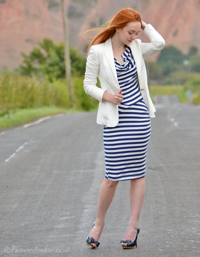 bodycon stripe dress and white Zara blazer