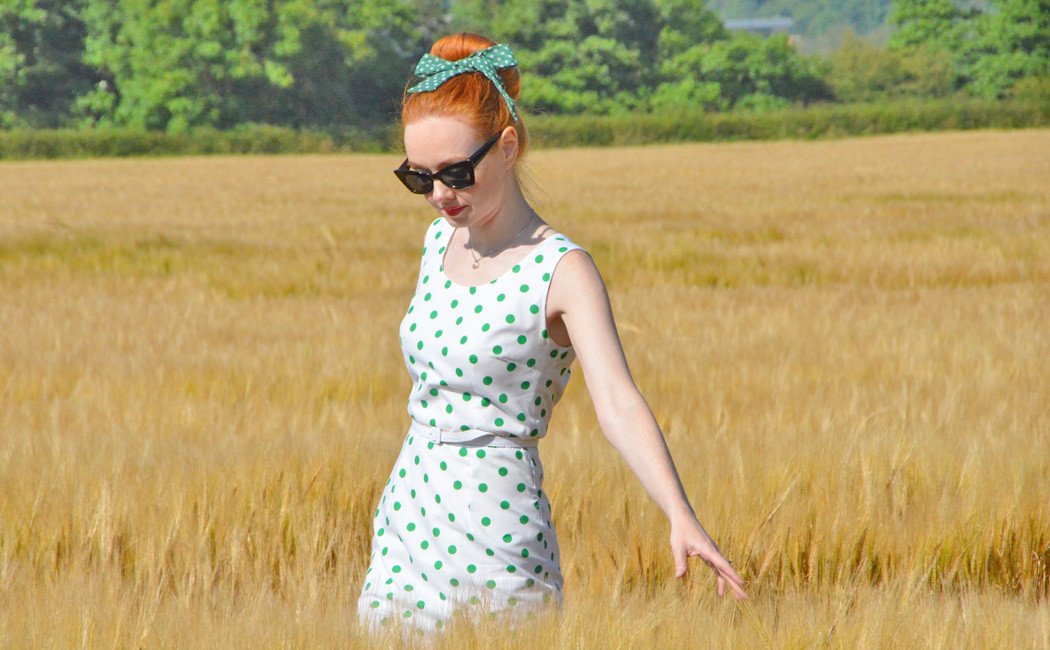 polka dot dress in cornfield