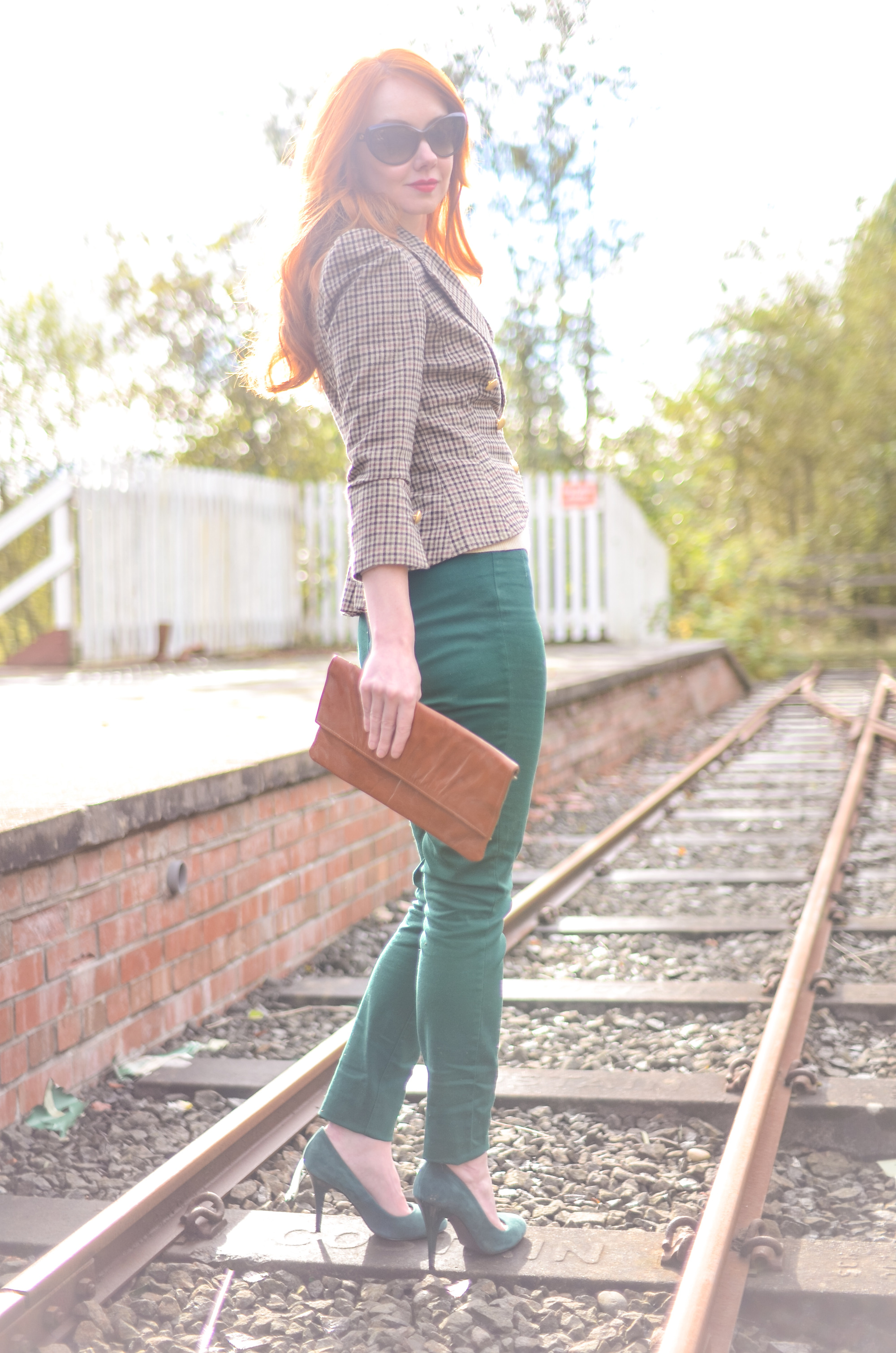 green trousers and tweed jacket