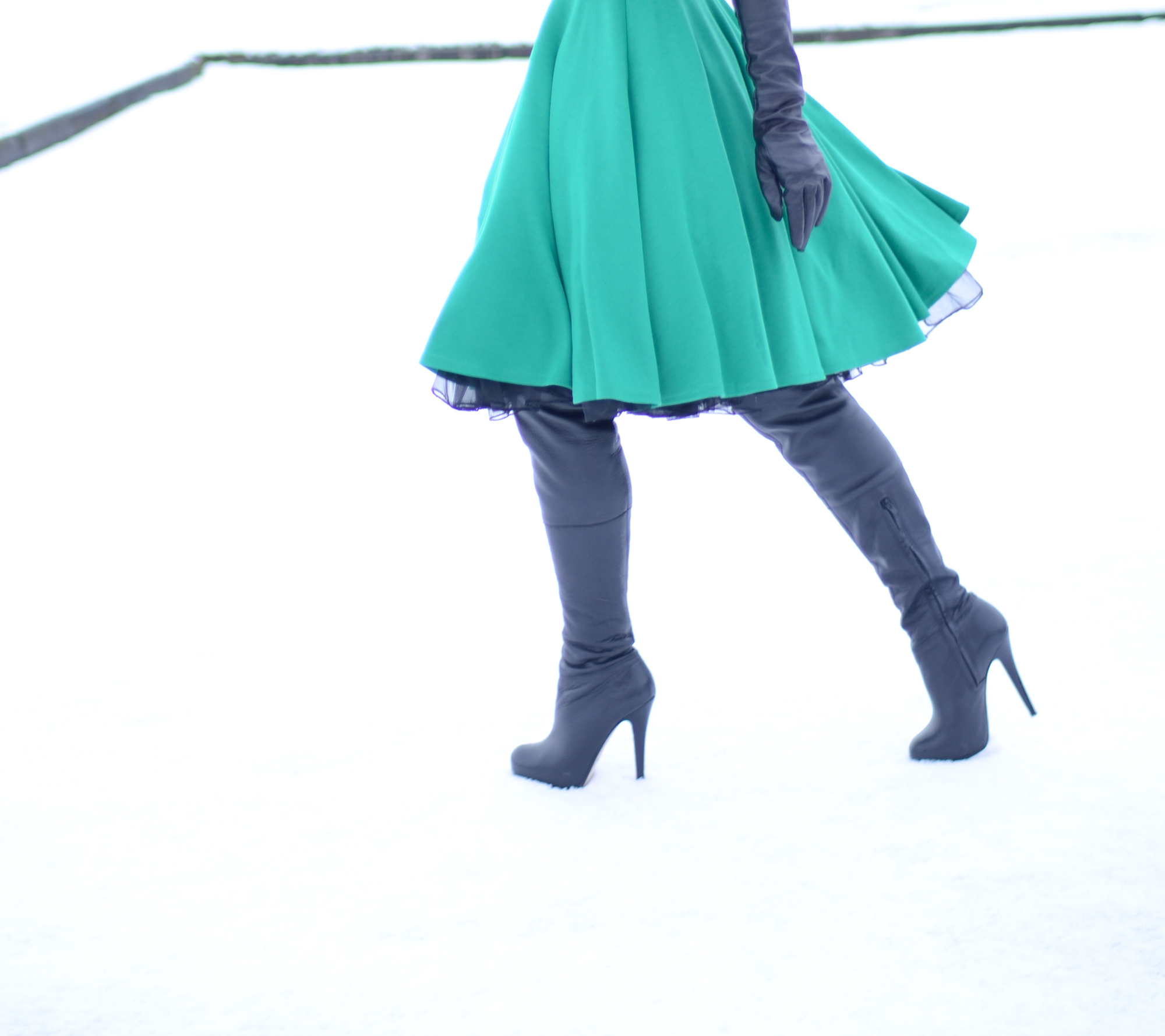 over-the-knee boots with green dress