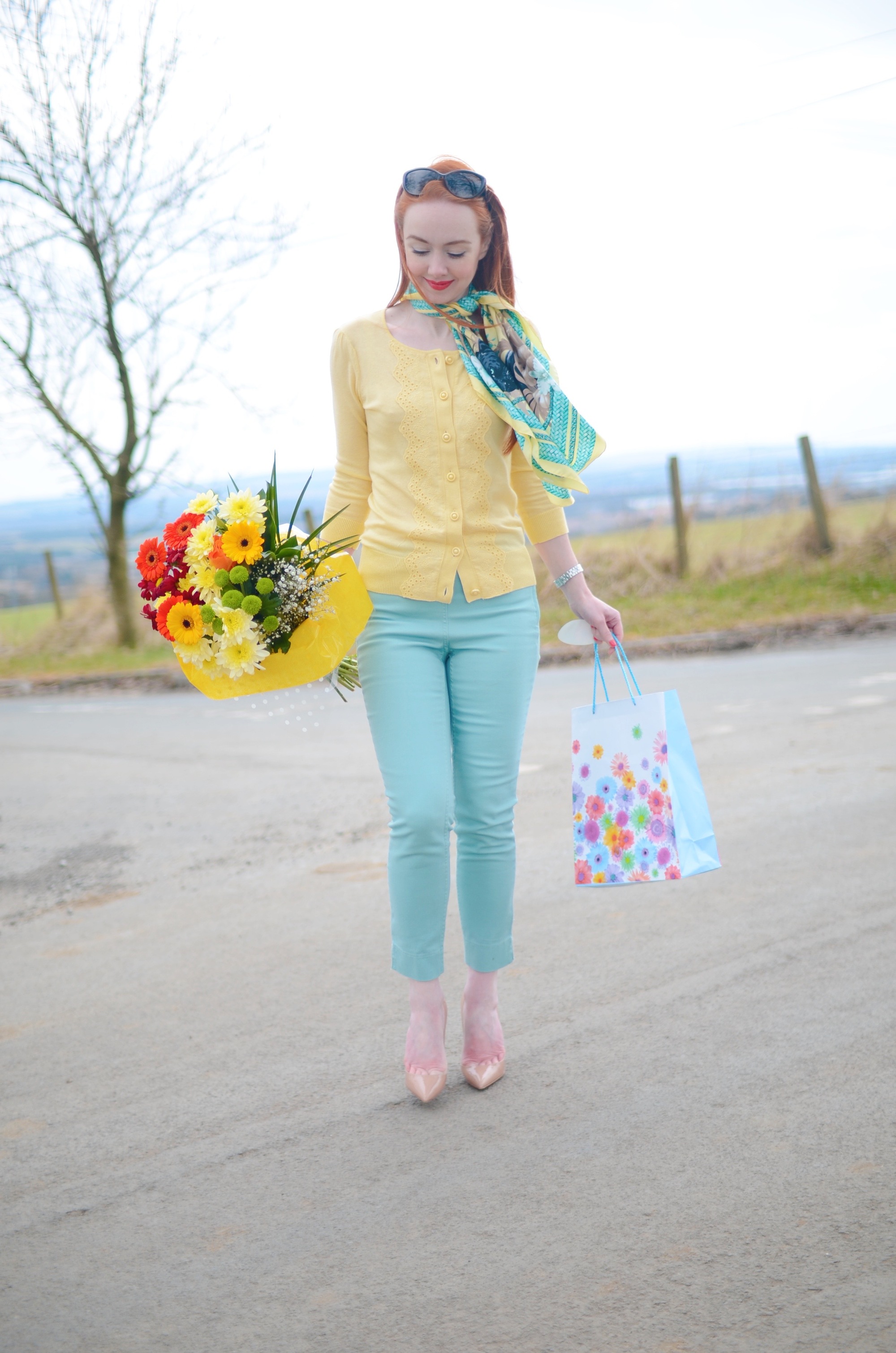 yellow cardigan and mint green trousers
