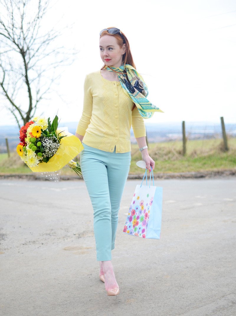 spring outfit featuring mint trousers and lemon cardigan