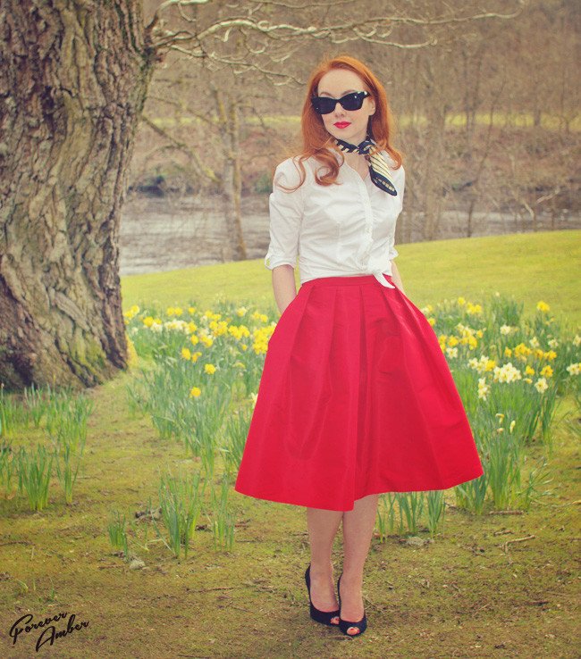 red 50s style skirt and white shirt