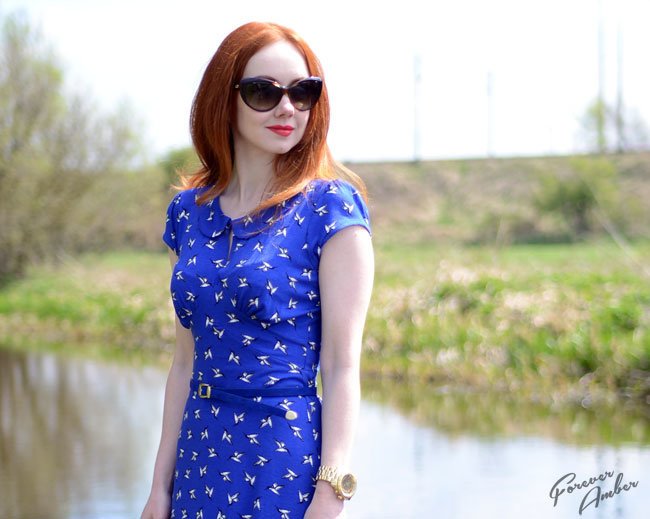 blue dress with Peter Pan collar and swallow print