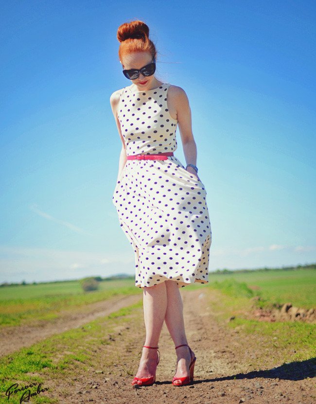 black and white polka dot dress red shoes