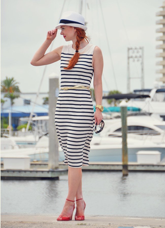Breton stripe dress and red shoes