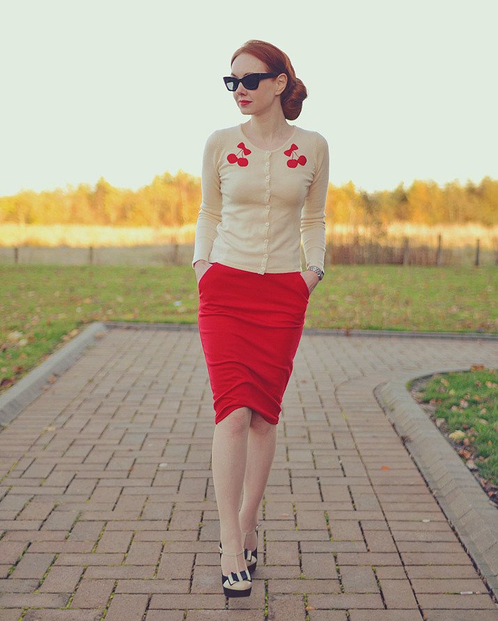 cherry cardigan and red pencil skirt