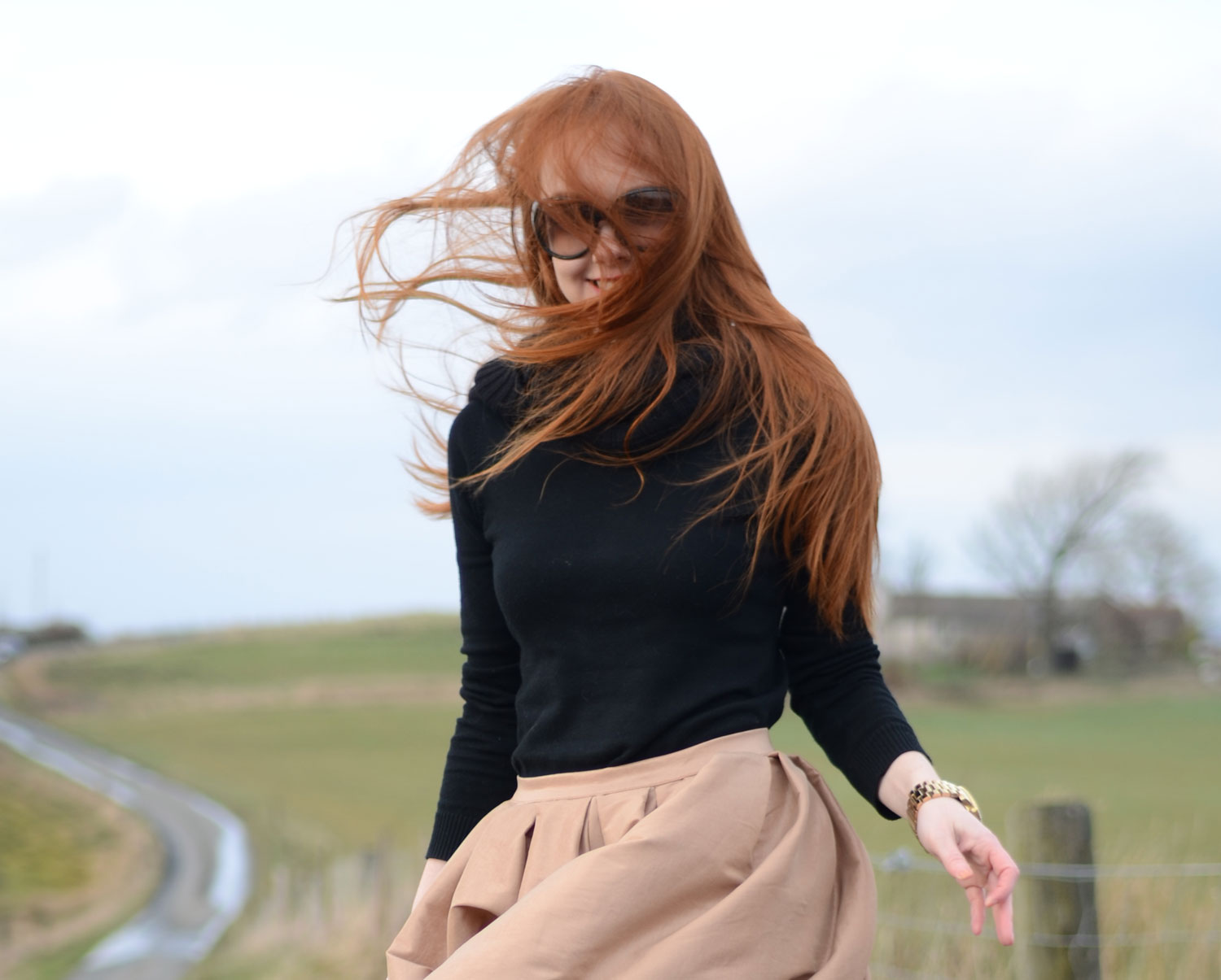 red hair on a windy day