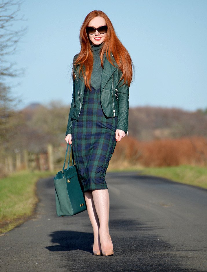 Collectif Blackwatch Check Pencil skirt and green leather biker jacket