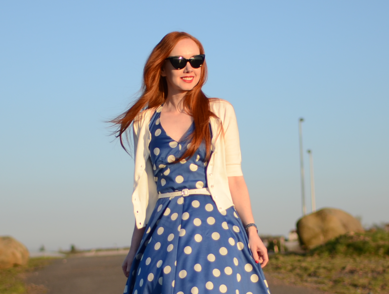 Boden Vintage Halterneck dress in blue polka dot
