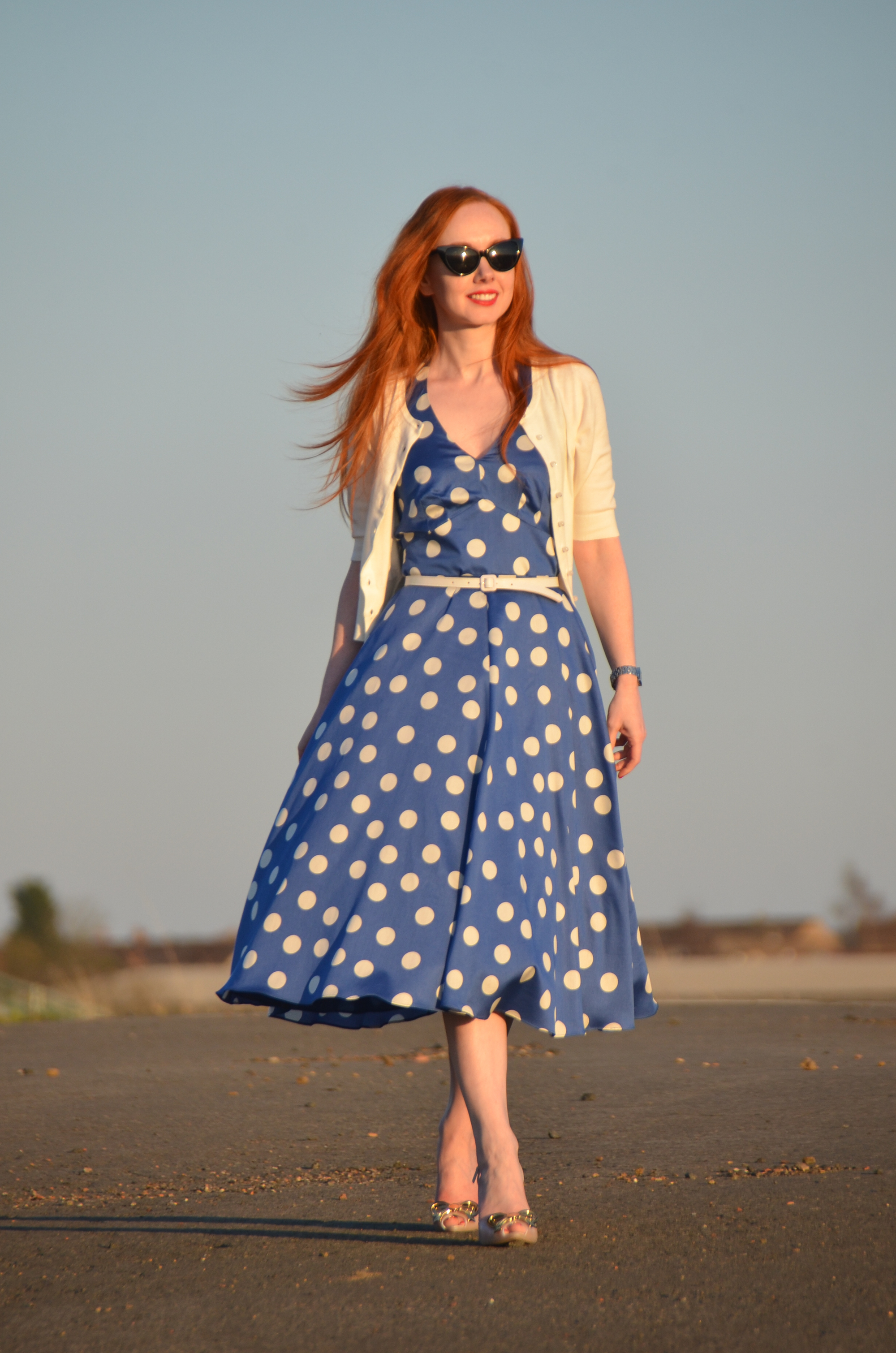 Boden Vintage Halterneck dress in blue polka dot