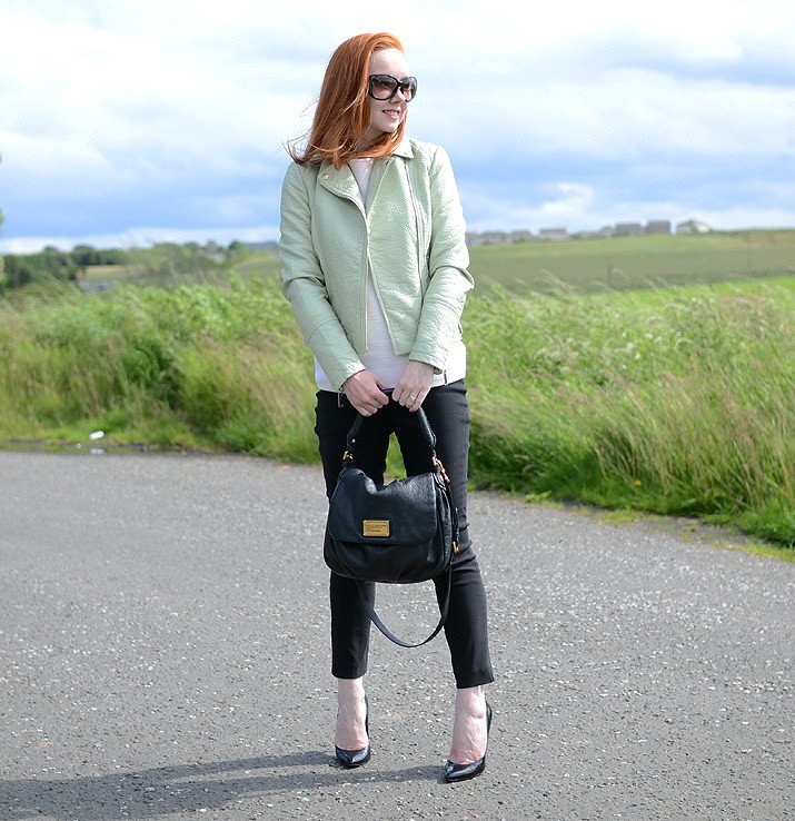 casual outfit with mint leather jacket