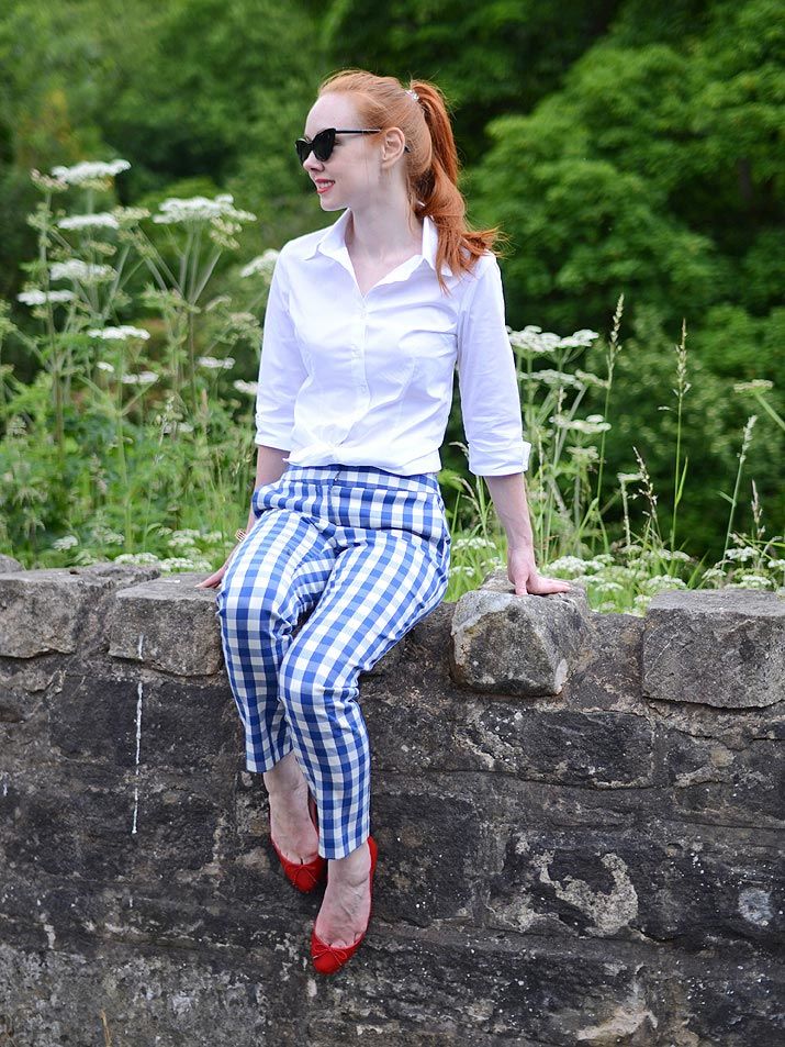 retro-inspired summer outfit featuring gingham capri pants and white shirt