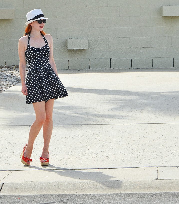 polka dot playsuit and red wedge shoes