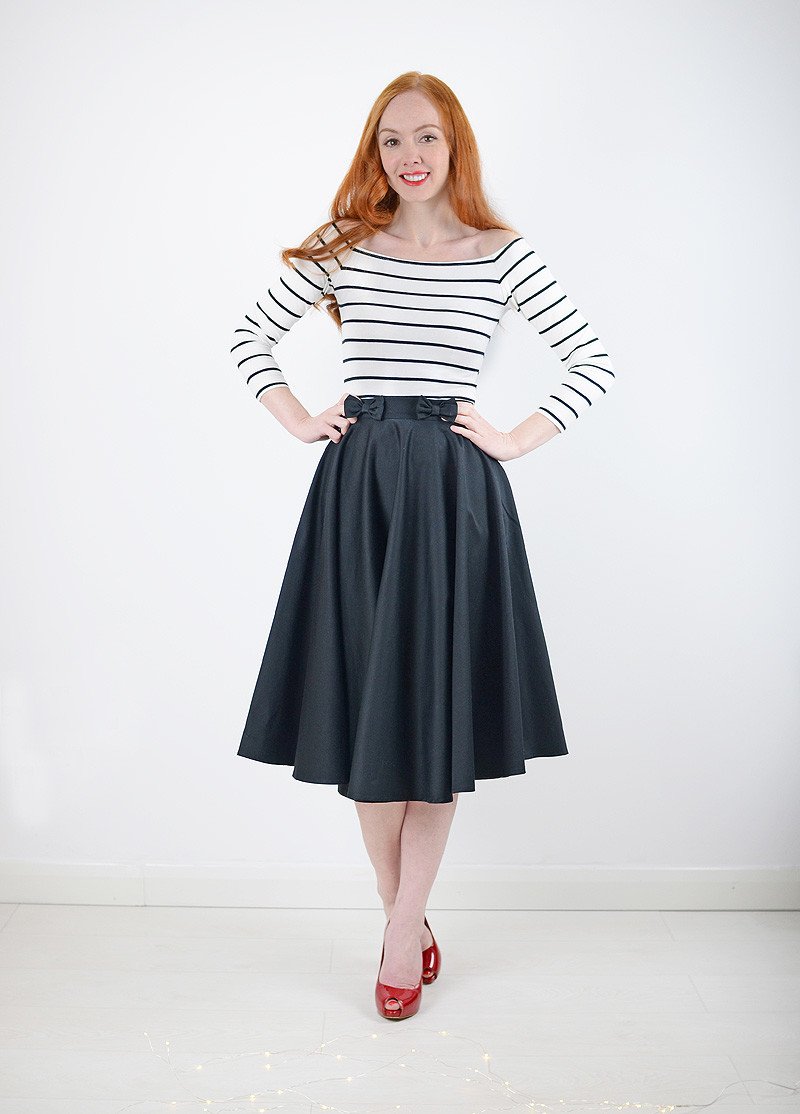black midi skirt and stripe bardot top with red shoes