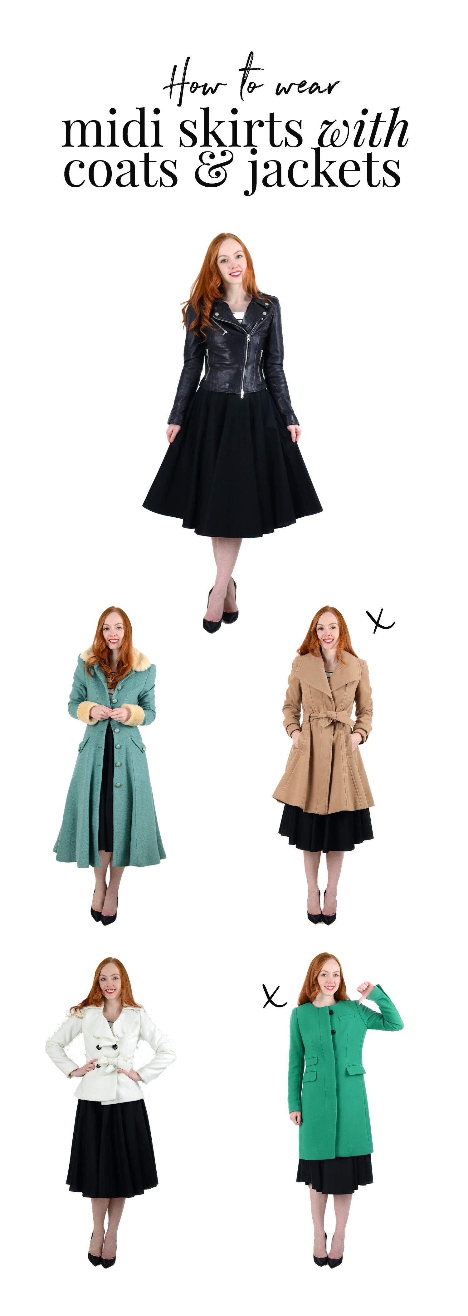 how to wear a midi skirt with coats and jackets