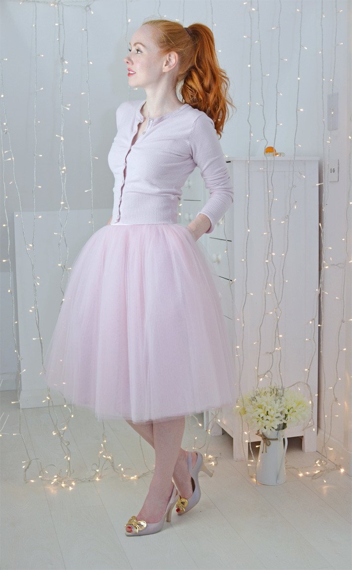 pink tulle skirt with matching pink cardigan