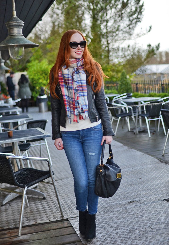 casual winter look featuring blanket scarf, jeans and biker jacket
