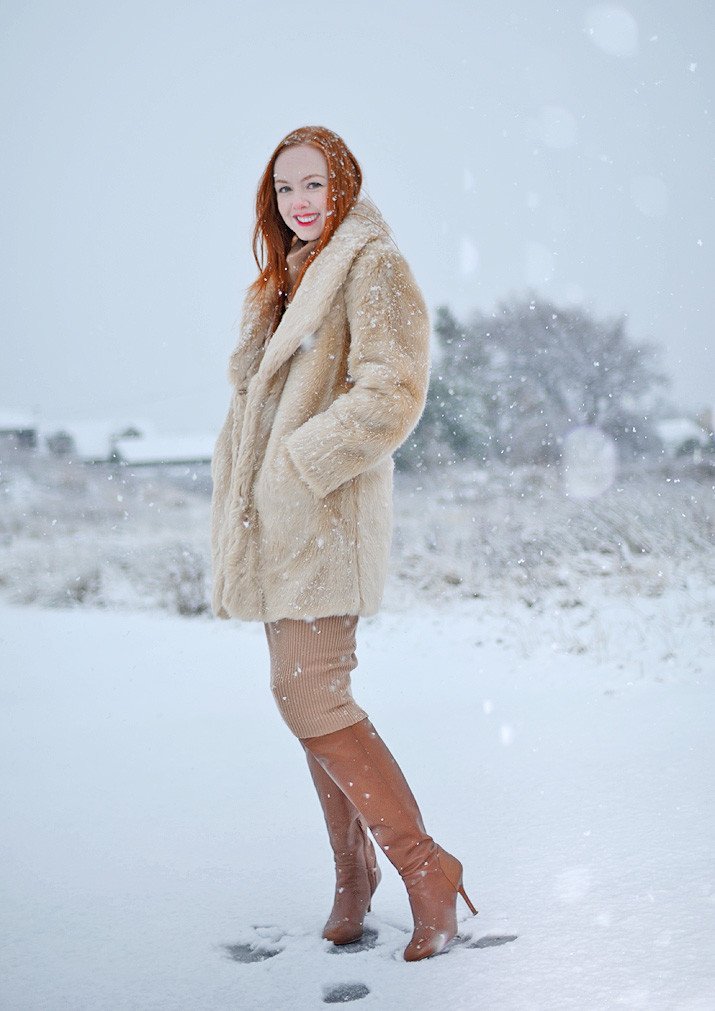 bonde faux fur coat with camel dress and tan knee boots