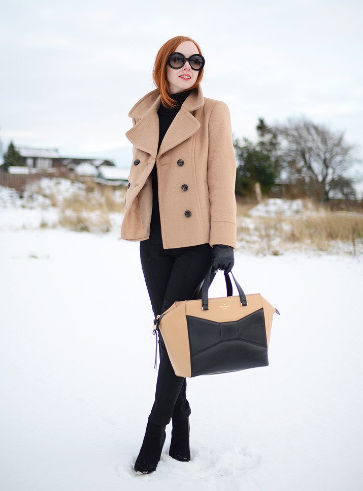 camel and black winter outfit