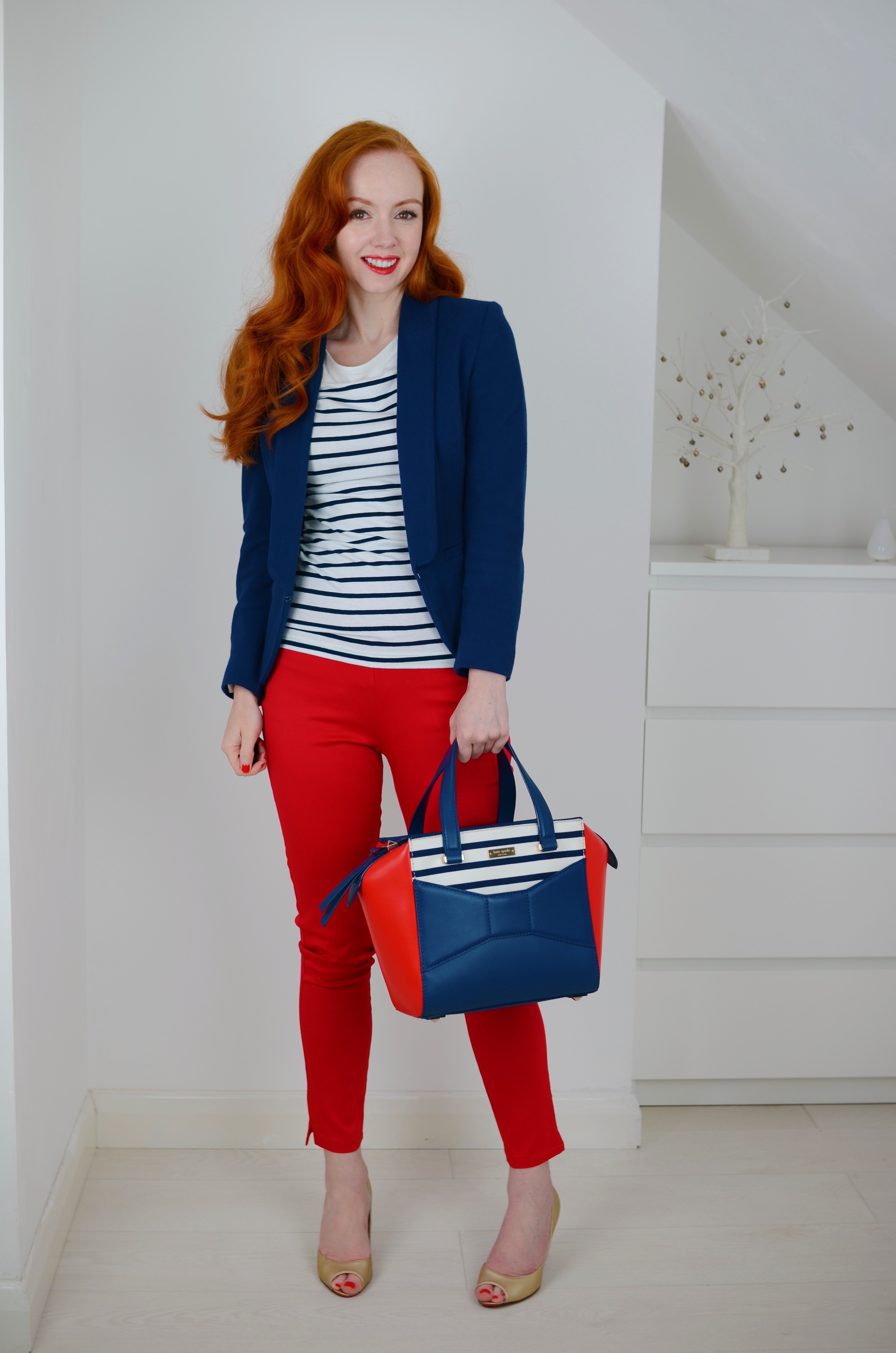 red capri pants, navy blazer and breton t-shirt