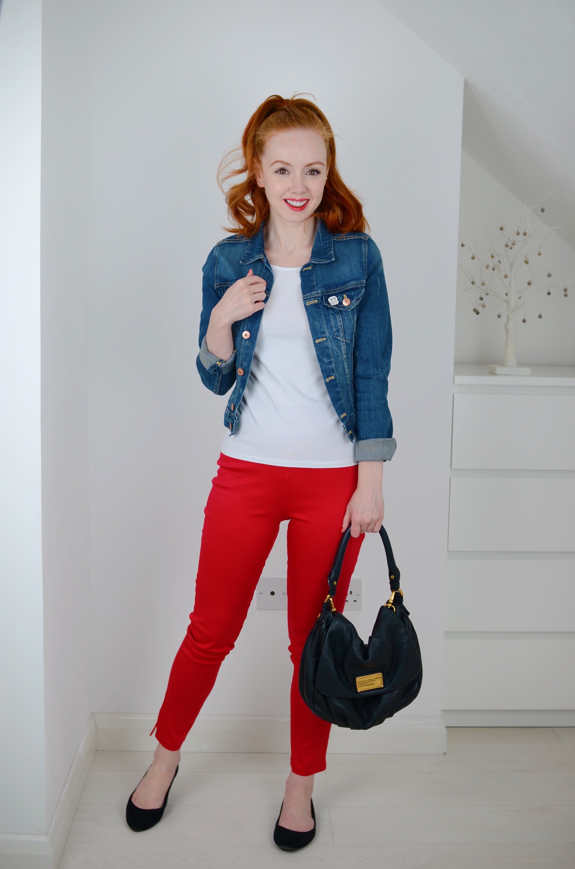 casual outfit with red pants and denim jacket