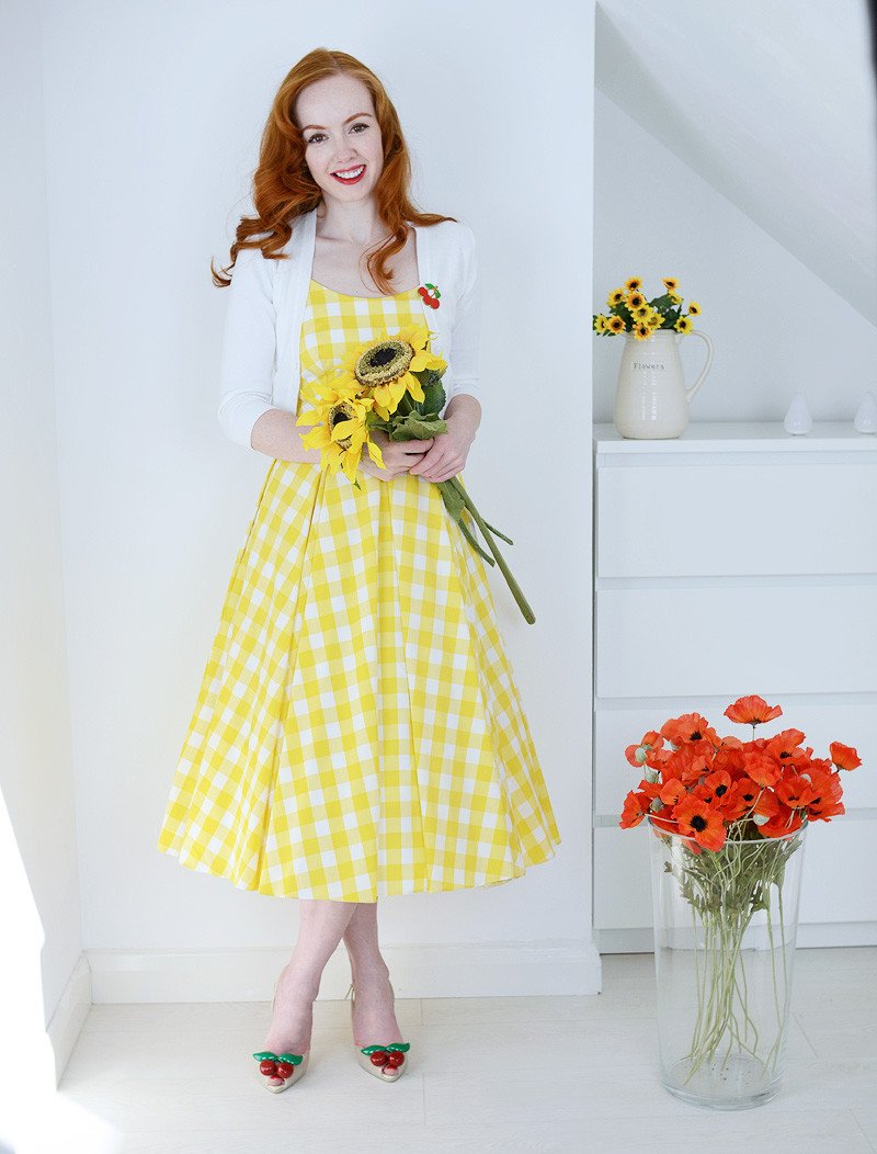 yellow gingham print 50s inspired dress