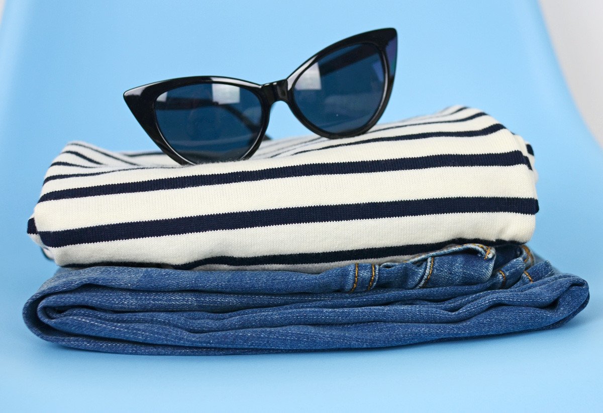 sunglasses, stripe top and jeans
