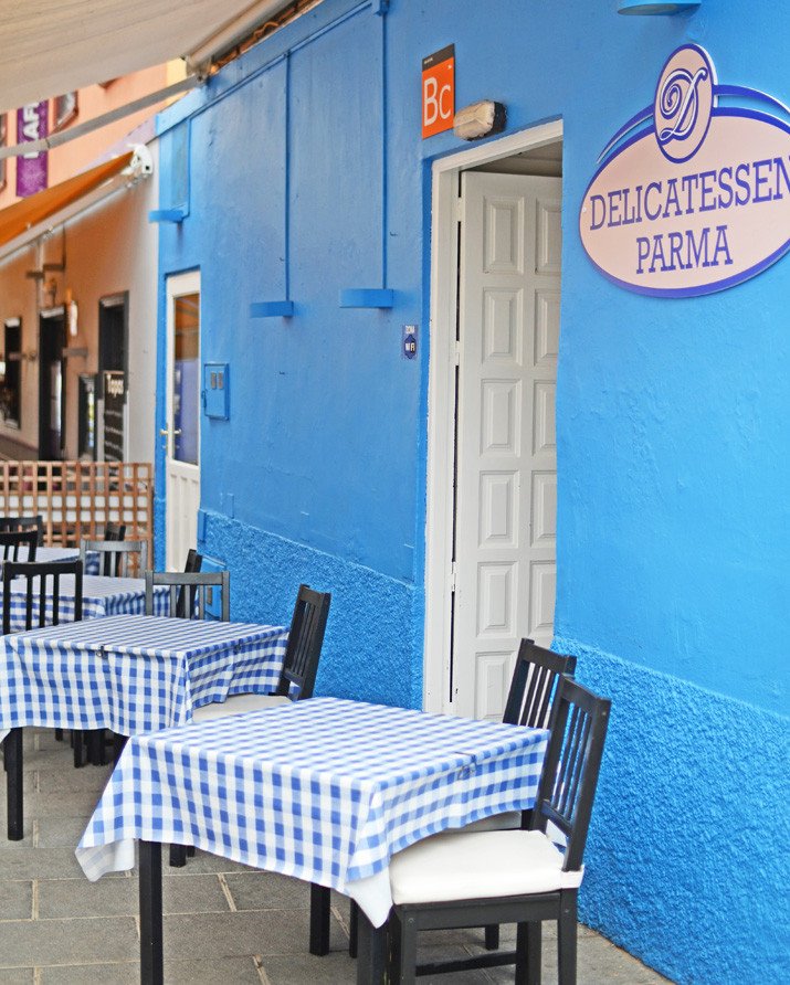 blue and white traditional cafe in Puerto de le Cruz, Tenerife, Canary Islands