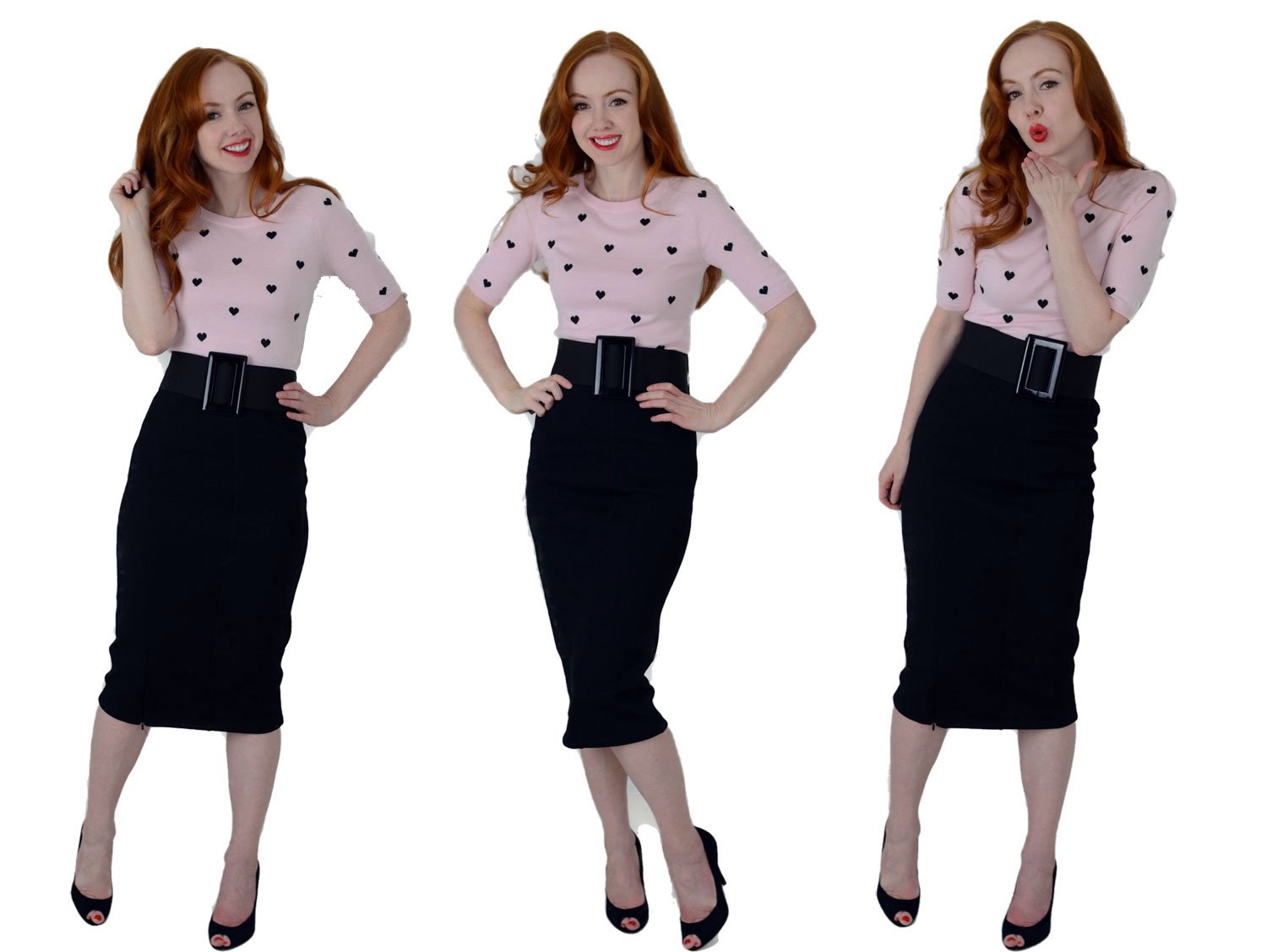 50s-inspired outfit featuring black pencil skirt and fitted top