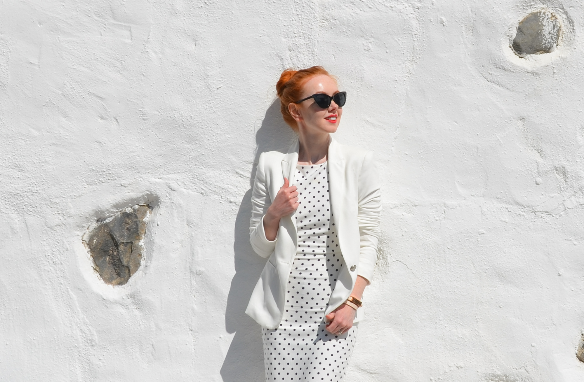 white polka dot dress and blazer
