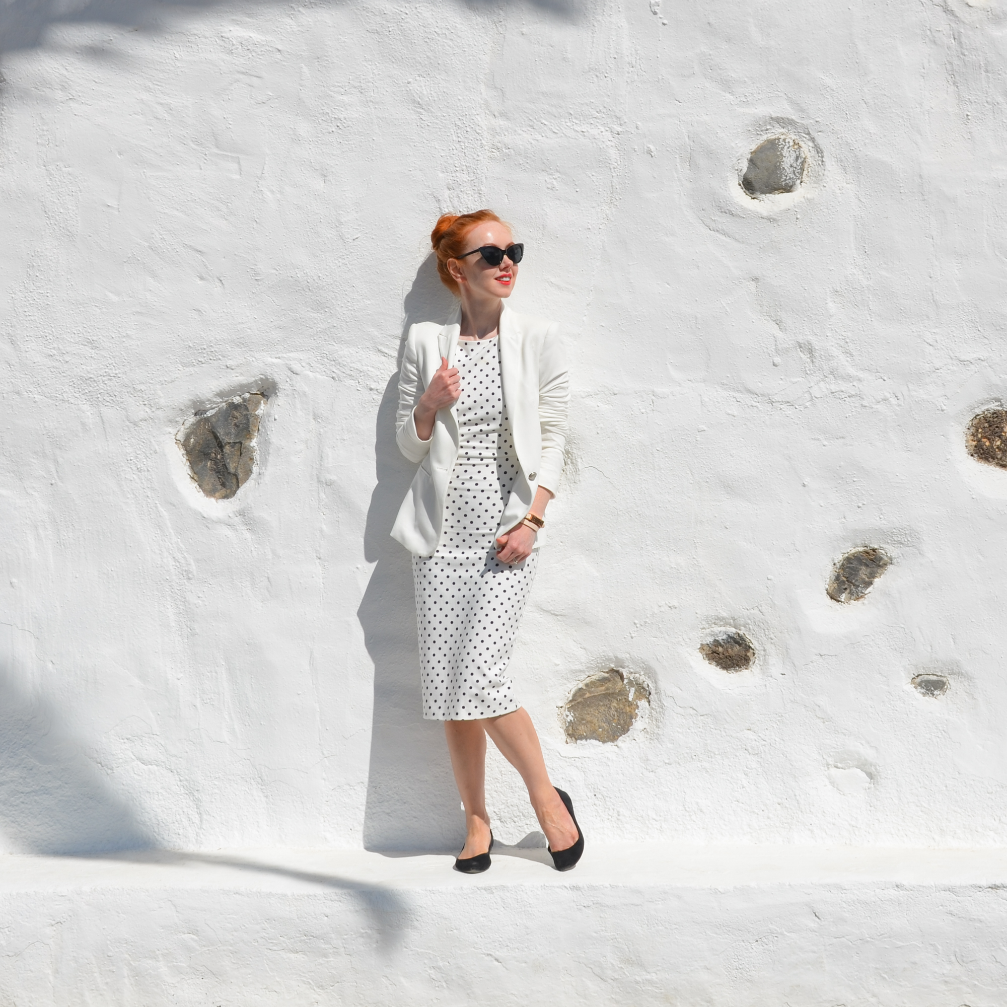 Zara white polka dot bodycon dress and white blazer