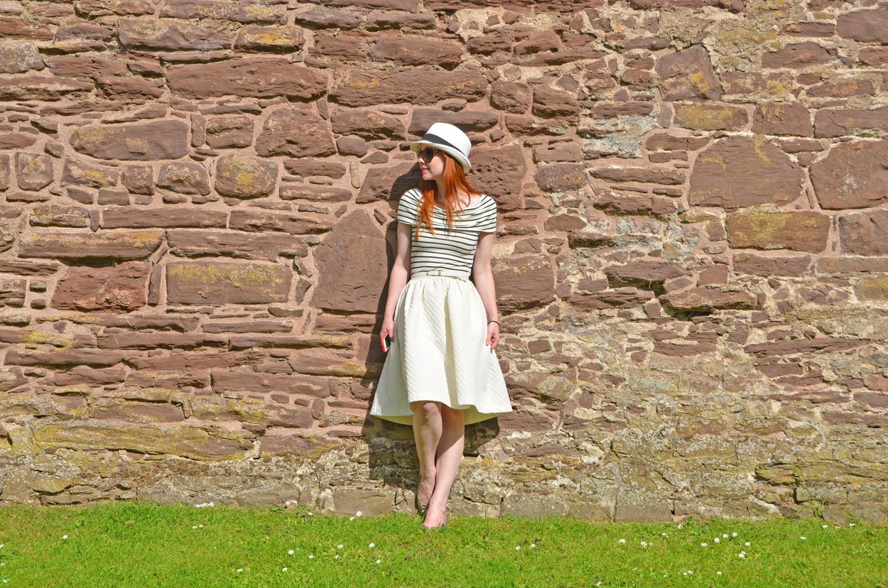 Cream skirt, stripe top and straw hat