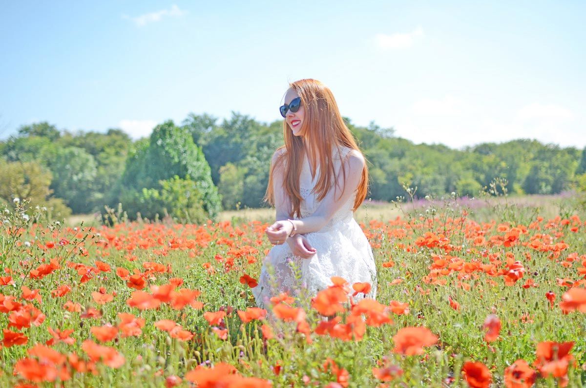 white dress with poppies