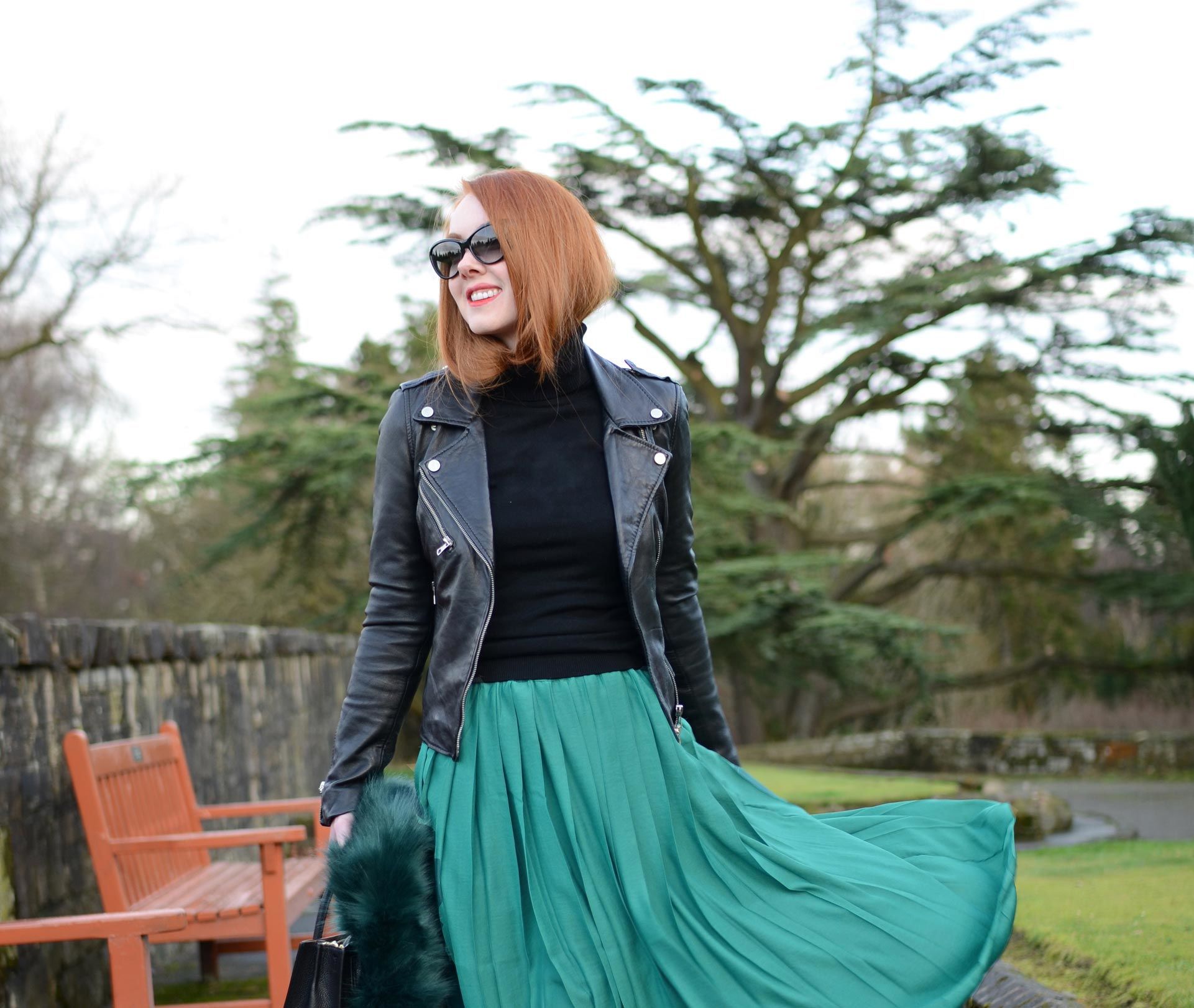 green pleated skirt