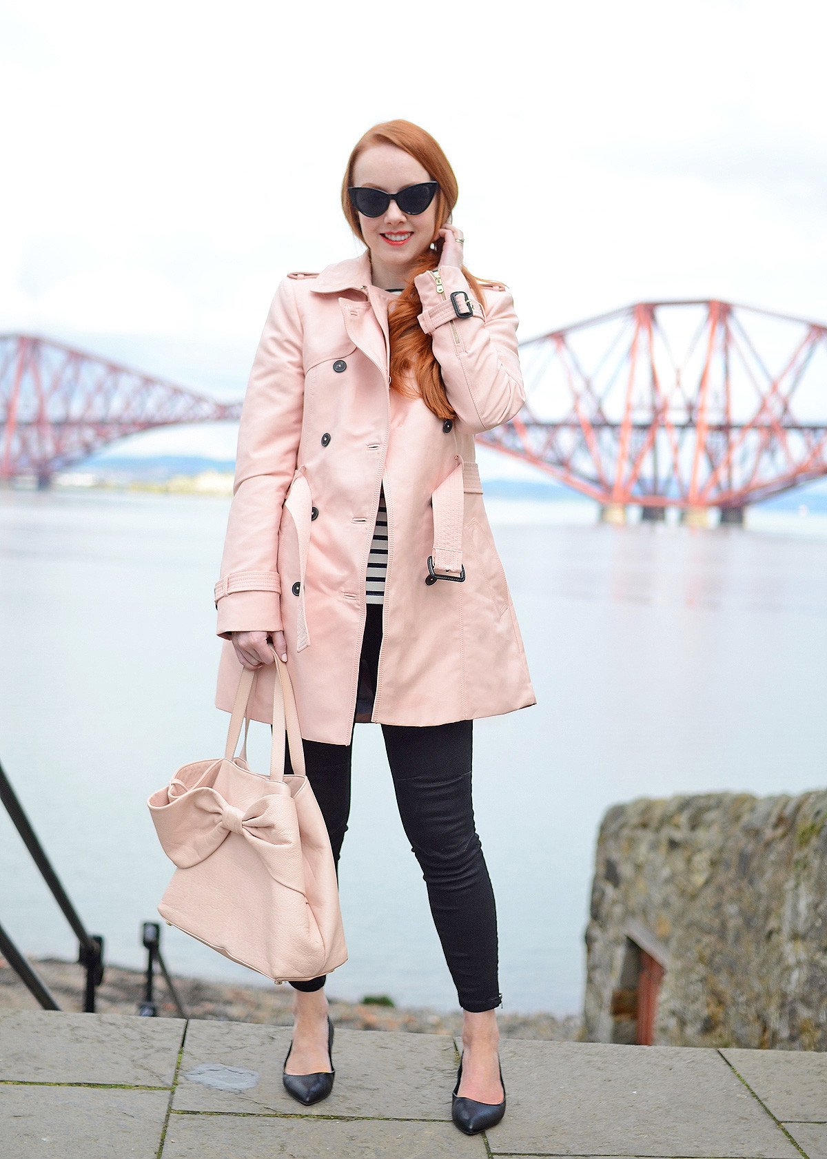 spring outfit: Pink Zara trench coat with black cropped jeans and pointed ballet flats