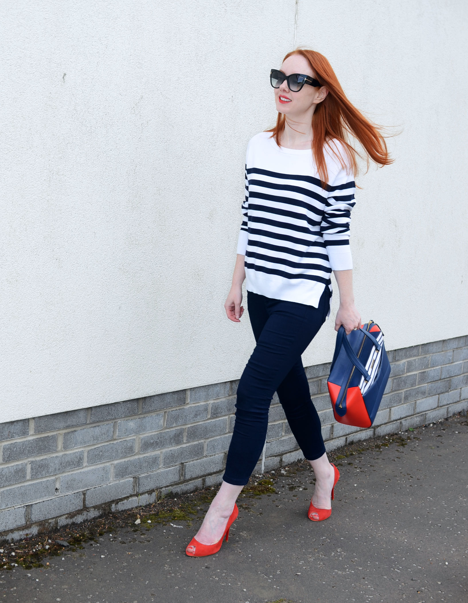 stripe top and red shoes outfit