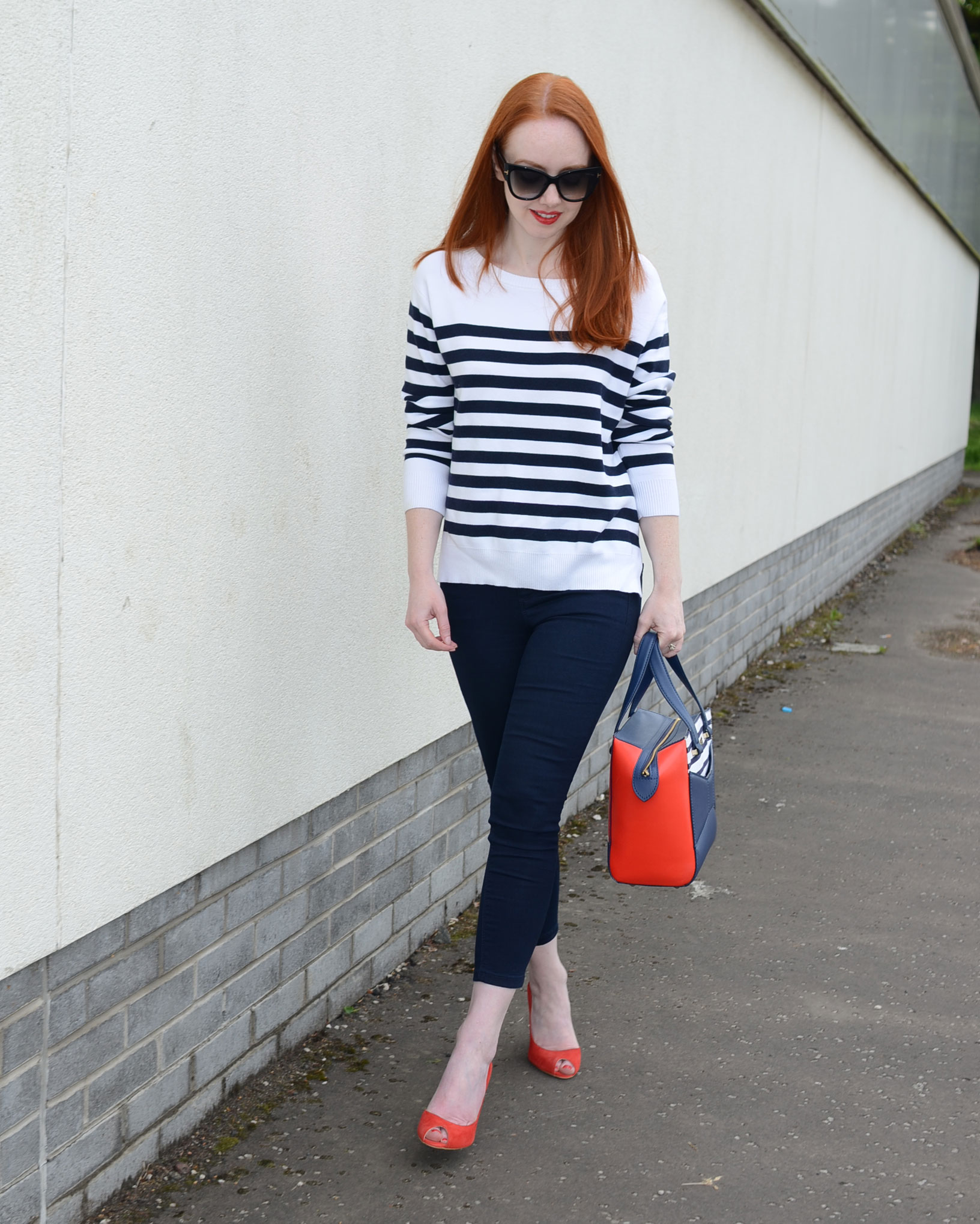 smart/casual look featuring strip top and red high heels