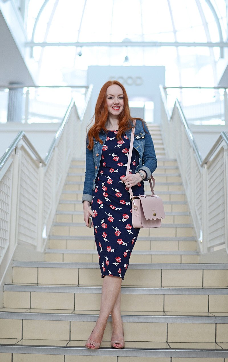 navy and pink floral maternity dress