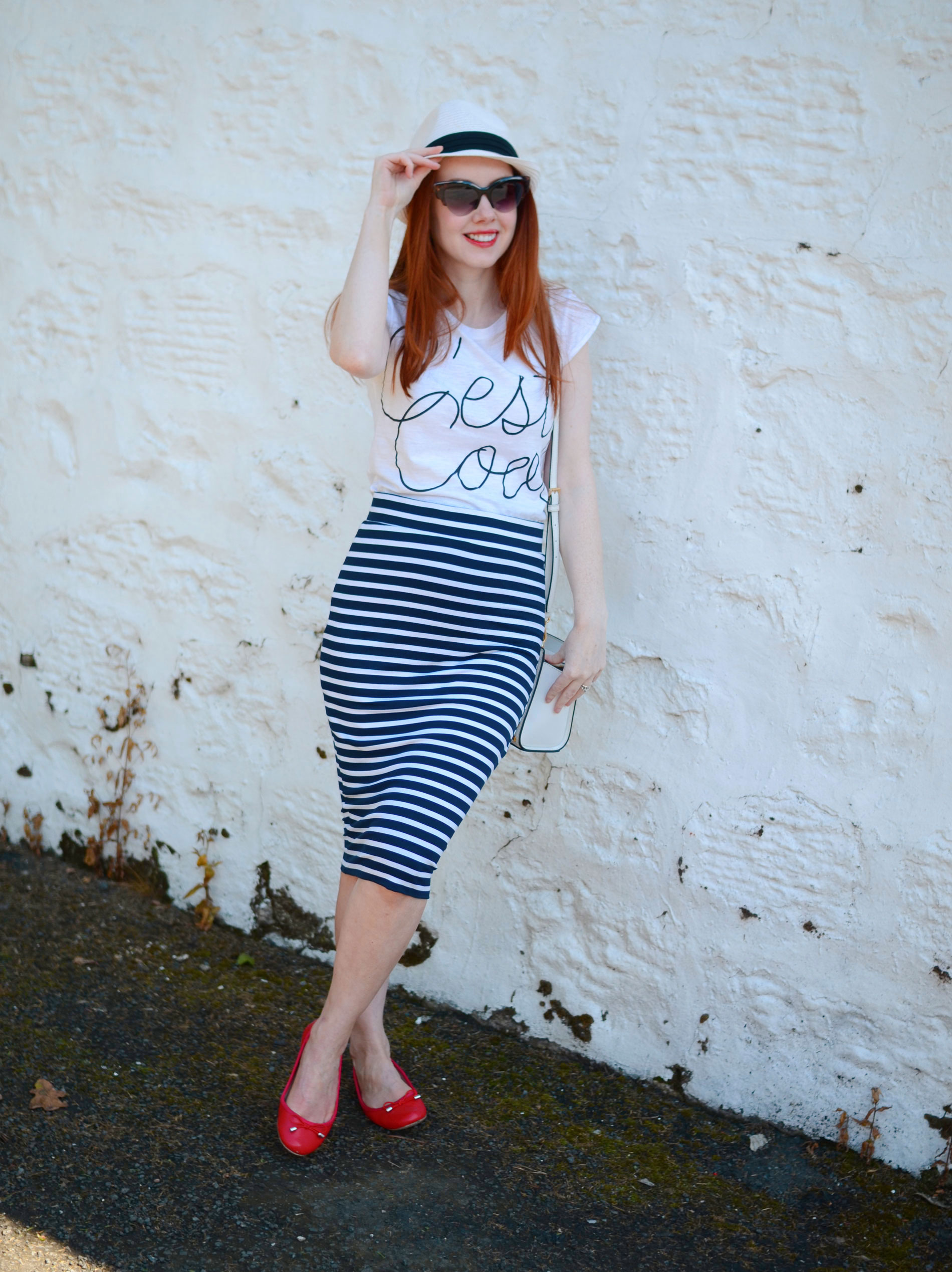 maternity outfit: stripe tube skirt and t-shirt
