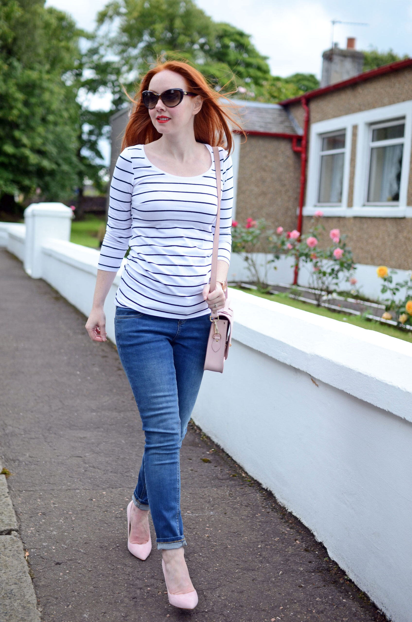petite maternity jeans with Breton stripe top and pink shoes