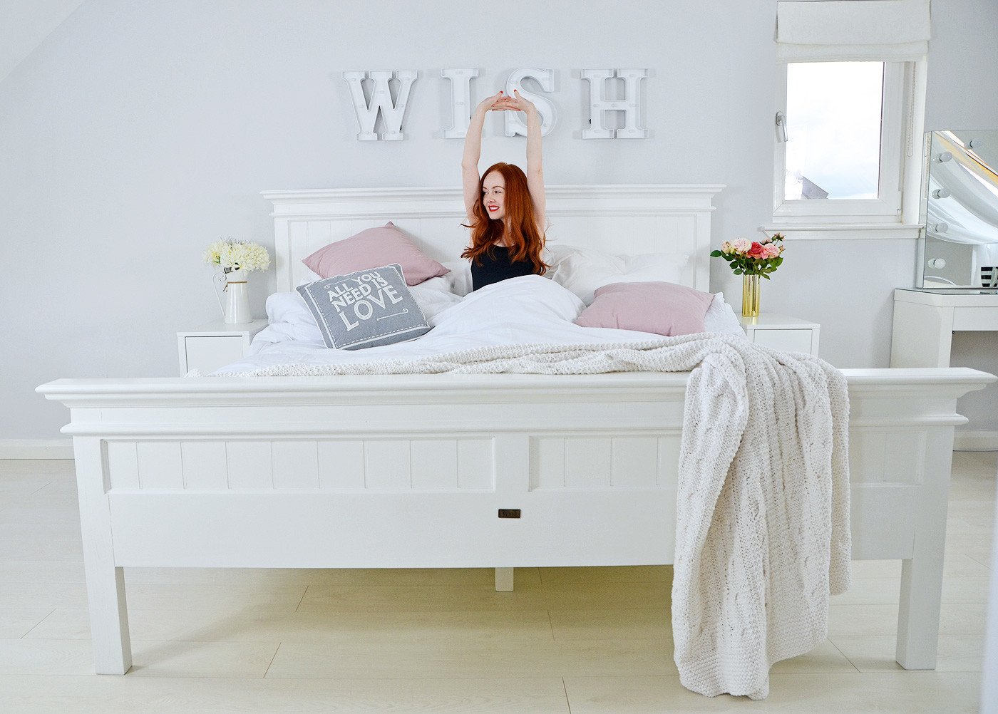 white New England superking bed in grey and white bedroom
