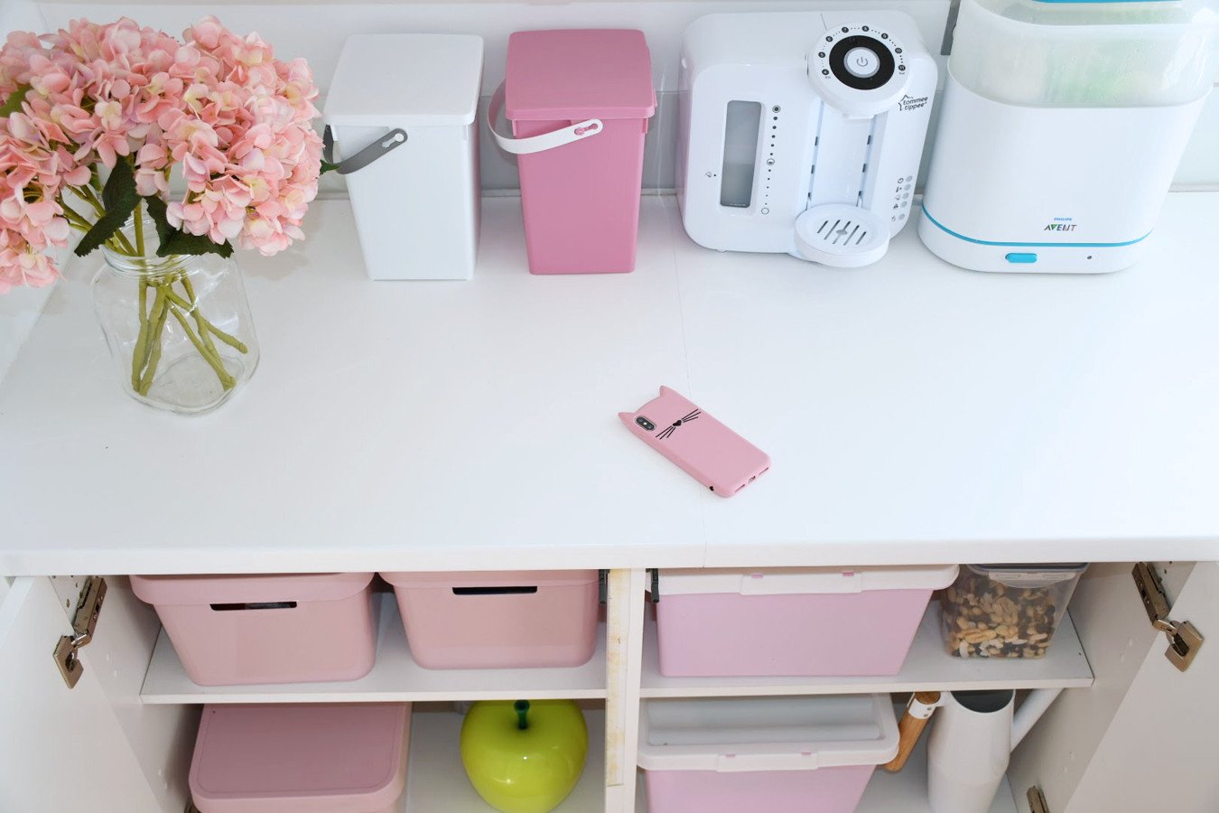 pink storage boxes for the kitchen