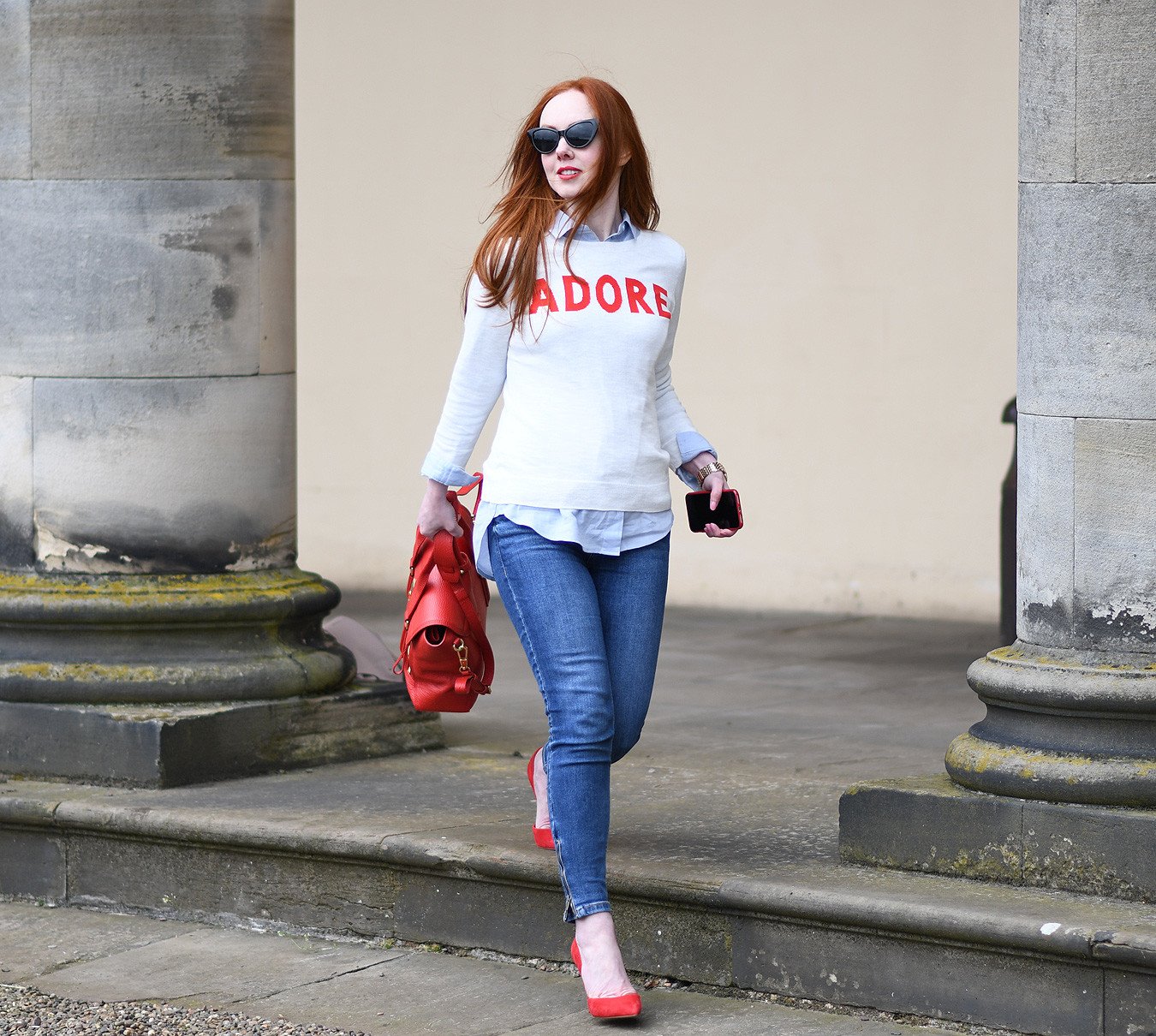 red and white 'Adore' slogan sweater