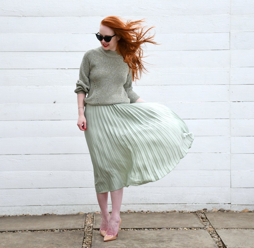 green pleated midi skirt with sweater