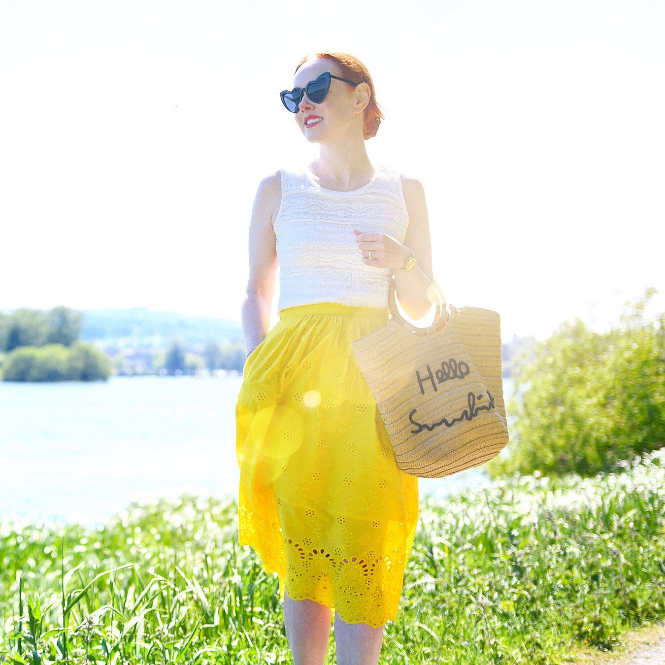 yellow broderie anglaise summer skirt with lace top